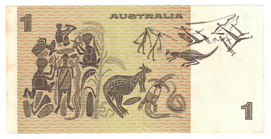 Australian 1974 1 Dollar Phillips Wheeler Note  s/n BRN 265221 - Circulated