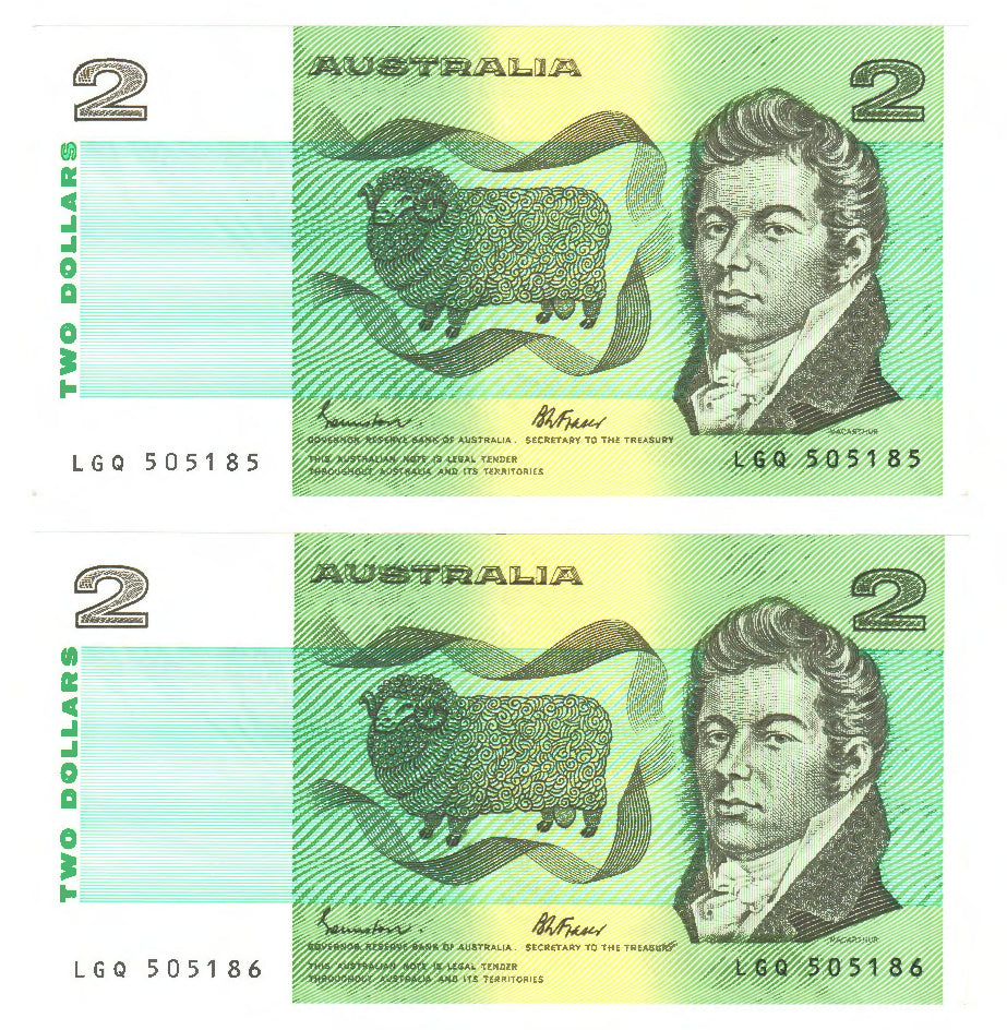 Australian 1985 2 Dollar Johnston Fraser Banknote pair s/n LGQ 505185-86 - Uncirculated