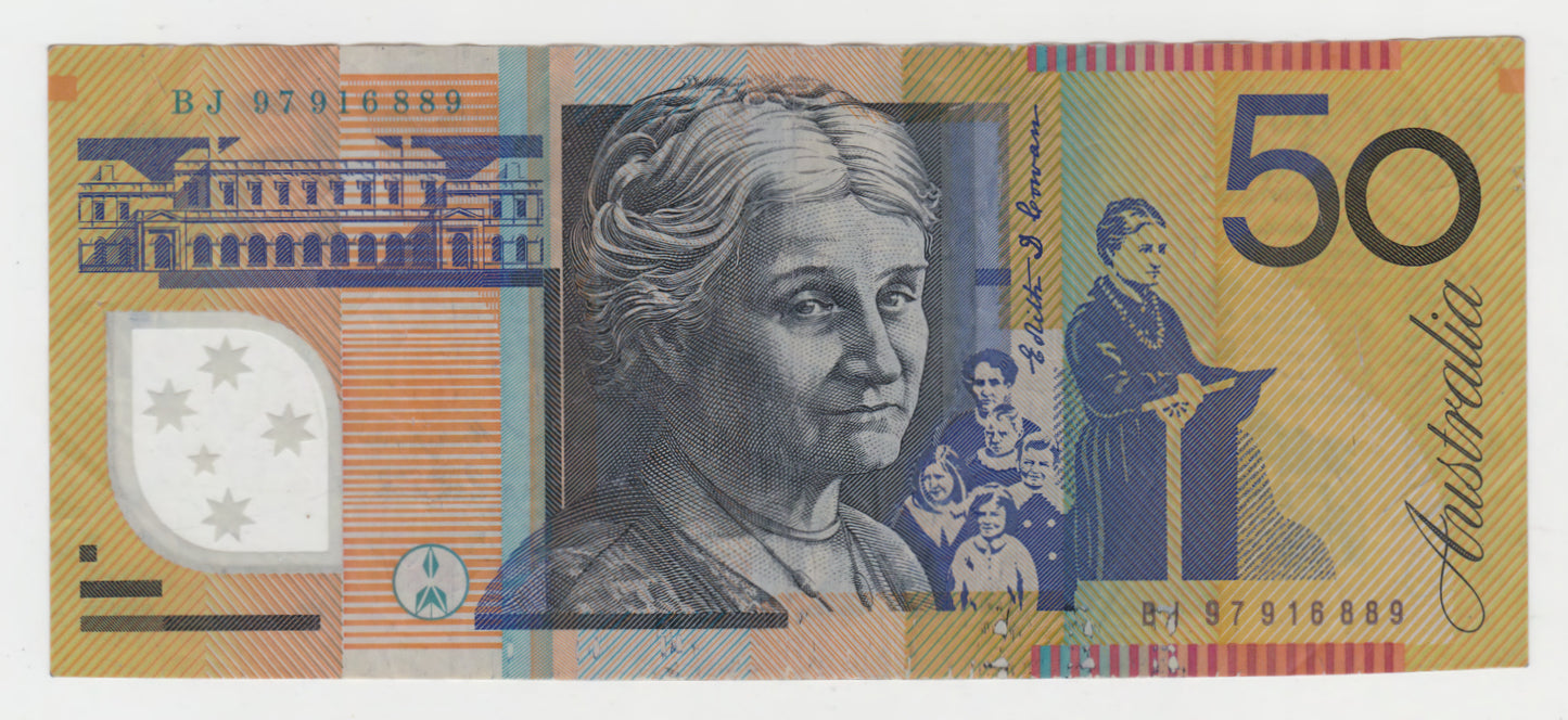 Australian 1997 50 Dollar MacFarlane Evans Polymer Banknote s/n BJ 97916889 - Circulated