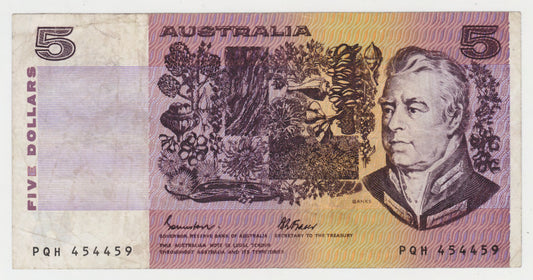 Australian 1985 5 Dollar Johnston Fraser Note s/n PQH454459 - Circulated