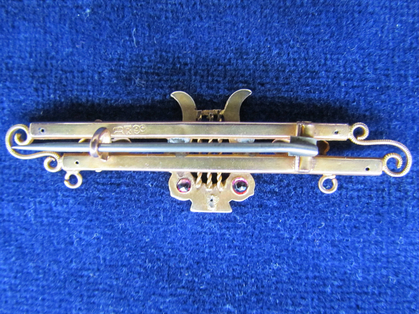 9ct Gold Lyre Set Bar Brooch Having Ruby & Seed Pearl Insets Hallmarked