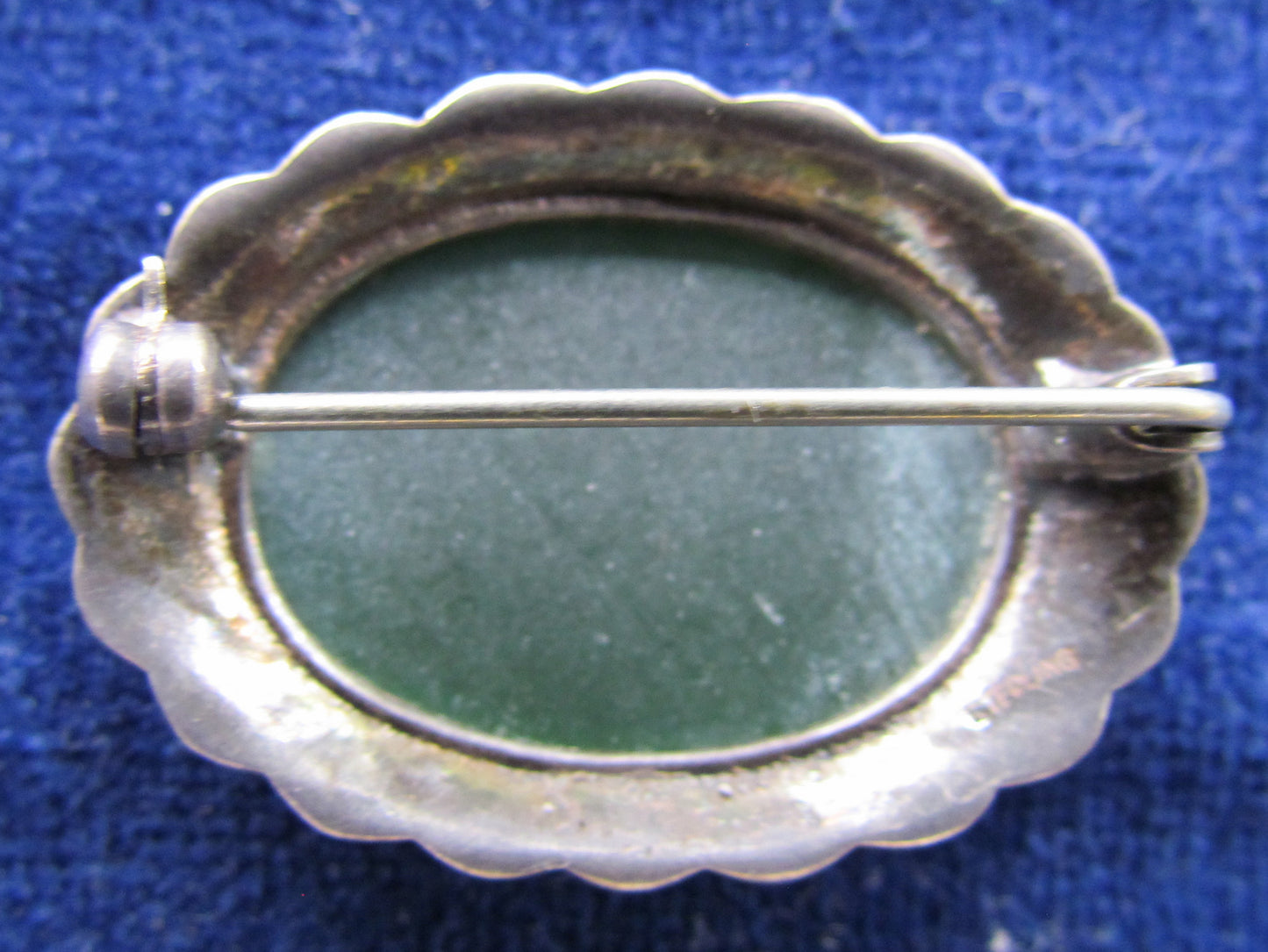 Silver Marcasite & Greenstone Oval Brooch