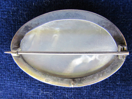 Unmarked Silver Oval Mother Of Pearl Brooch Depicting Honeysucker Birds and A Flower
