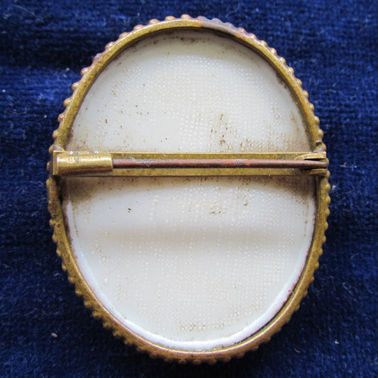 German 1930's Milk Glass Cameo Brooch Set In Yellow Metal