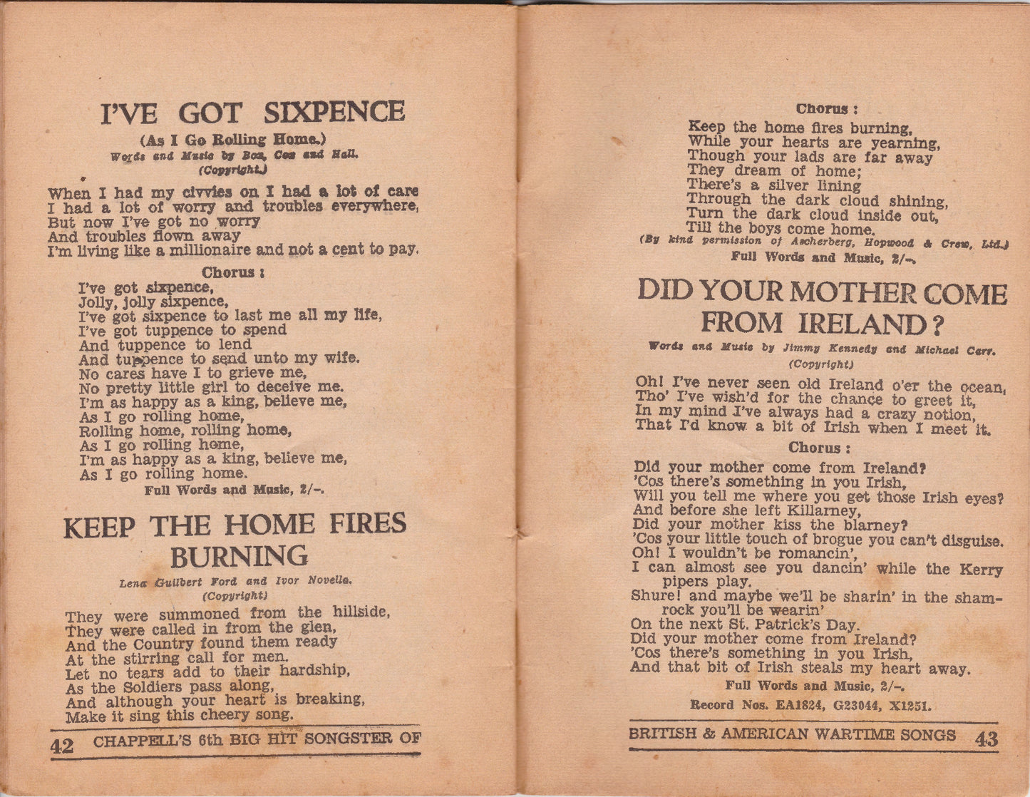 Chappell's Big Hit Songster 6th - British & American Wartime Songs