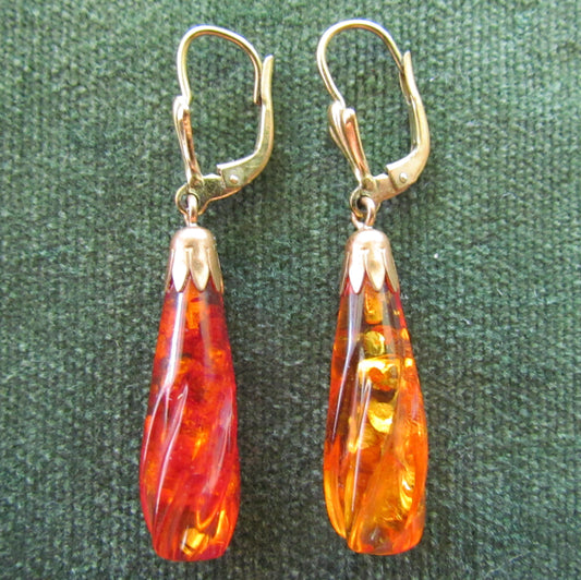 Natural Golden Amber Drop Earrings For Pierced Ears