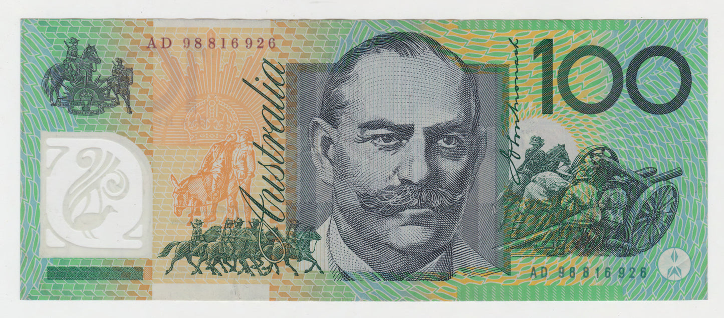 Australian 1998 100 Dollar Evans MacFarlane Polymer Banknote s/n AD 98816926 - Circulated