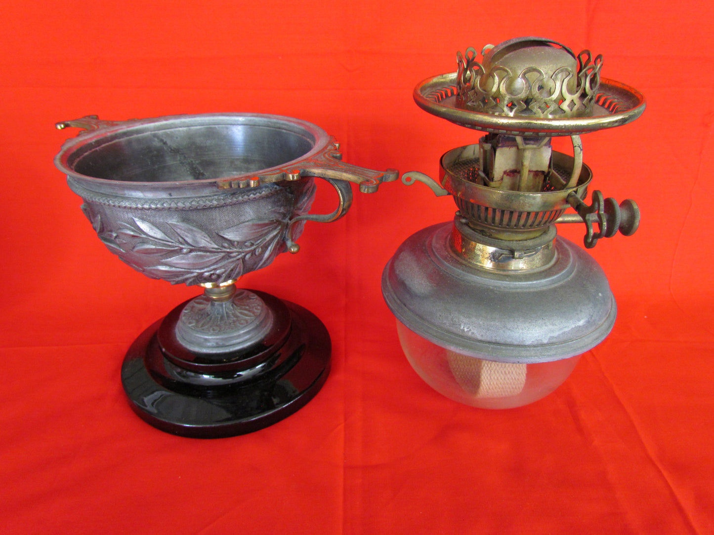 Victorian Pewter & Brass Duplex Burner Oil Lamp with Red Glass Shade