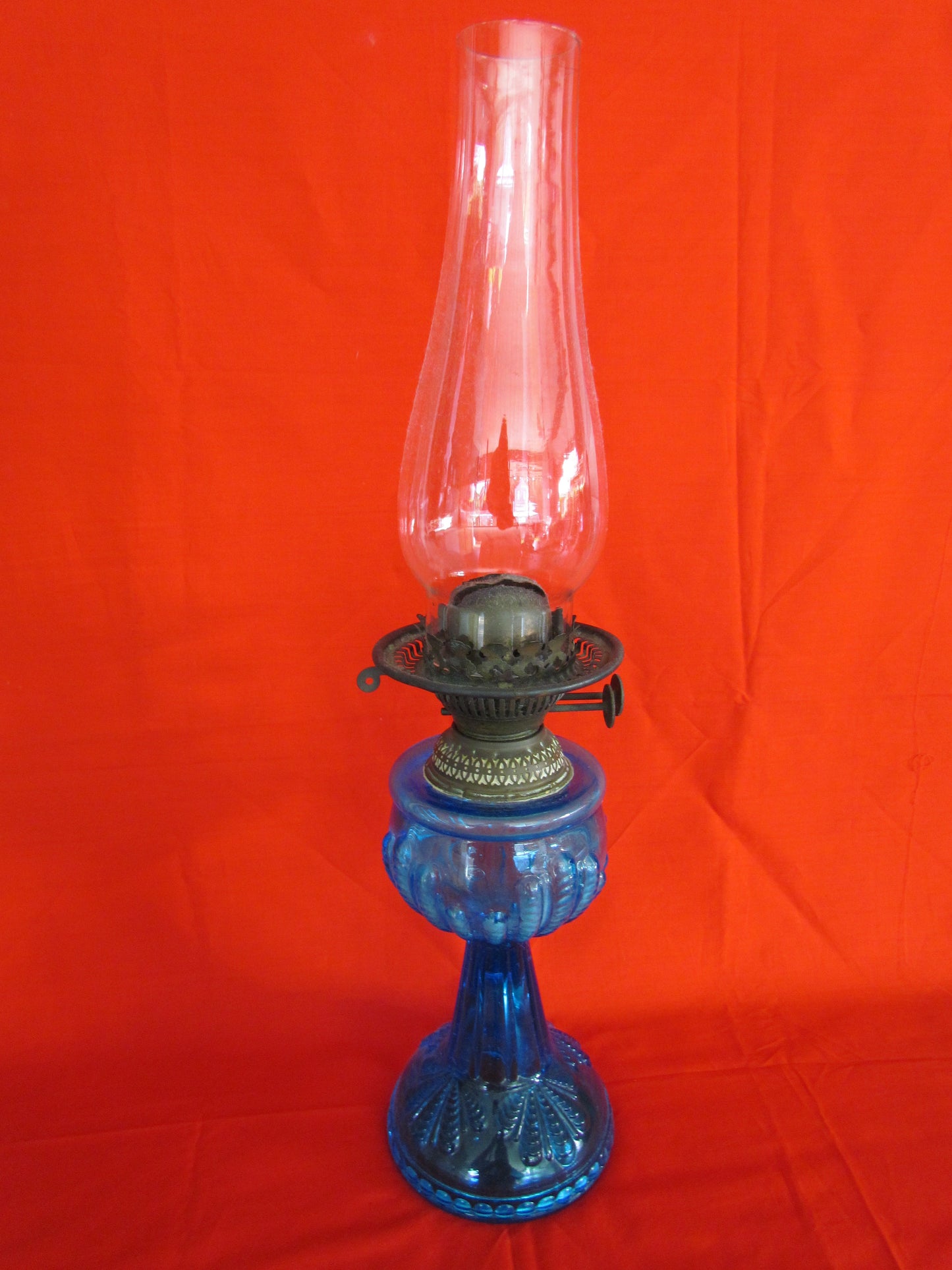Victorian Blue Glass Duplex Burner Oil Lamp With Clear Glass Etched Shade