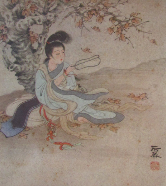Chinese Woodblock Print  Of A woman Sitting In The Garden circa 1950