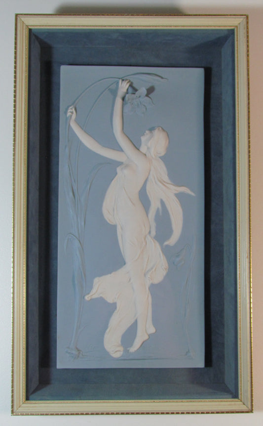Dresden Jasper Ware Plaque In An Art Nouveau Theme With A Girl Admiring A Flower signed H Rock