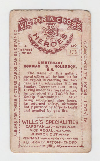 Lieut Norman D Holbrook Cigarette Card Victoria Cross Heroes Series #13