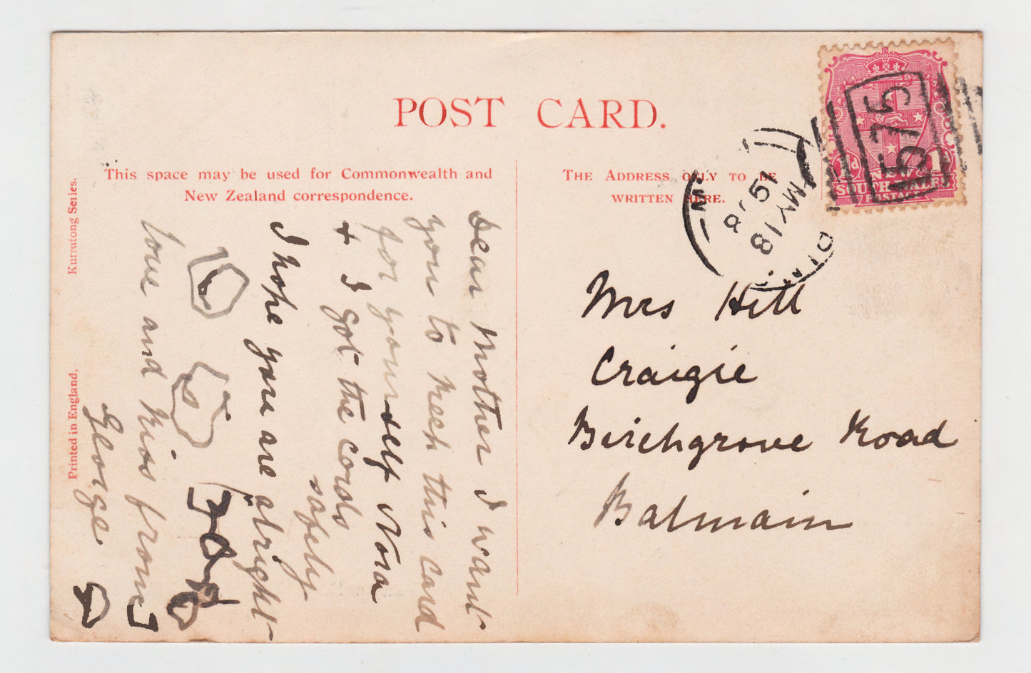 Postcard Mosman Bay Sydney NSW Australia Postmarked 1908