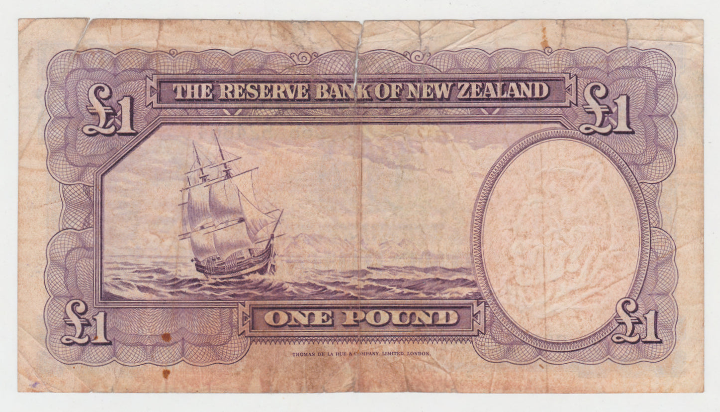 New Zealand 1956 - 1967 1 Pound Note (No Thread) s/n 088 524864