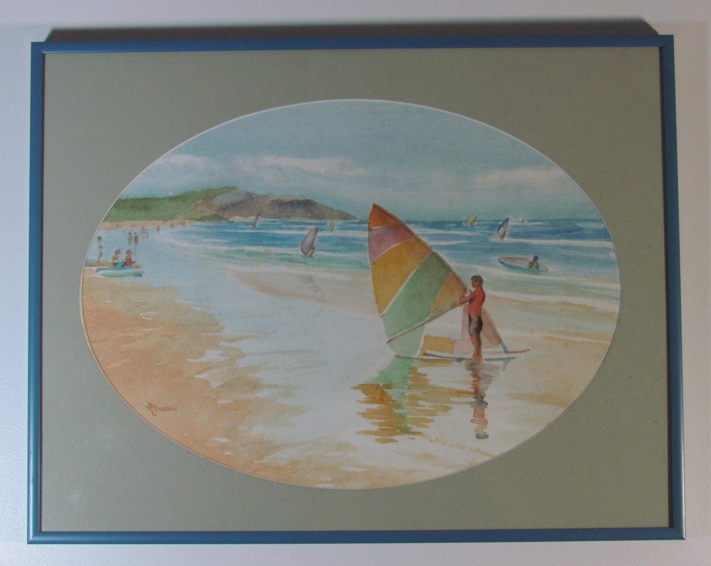 D Robson Watercolour Of Sailboarders At The Beach