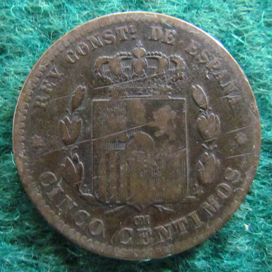 Spanish 1878 5 Centimos Coin Alfonso XII - Circulated