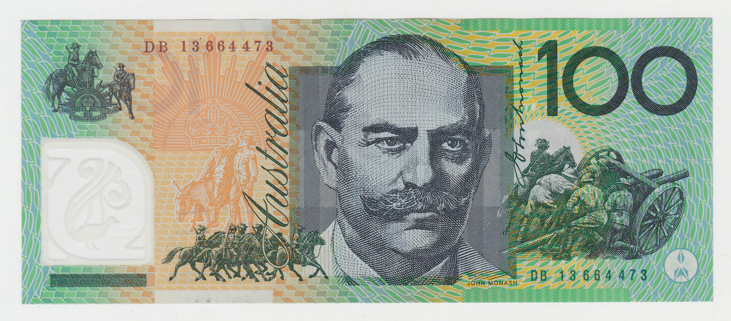 Australian 2013 100 Dollar Stevens Parkinson Polymer Banknote s/n DB 13664473 - Circulated