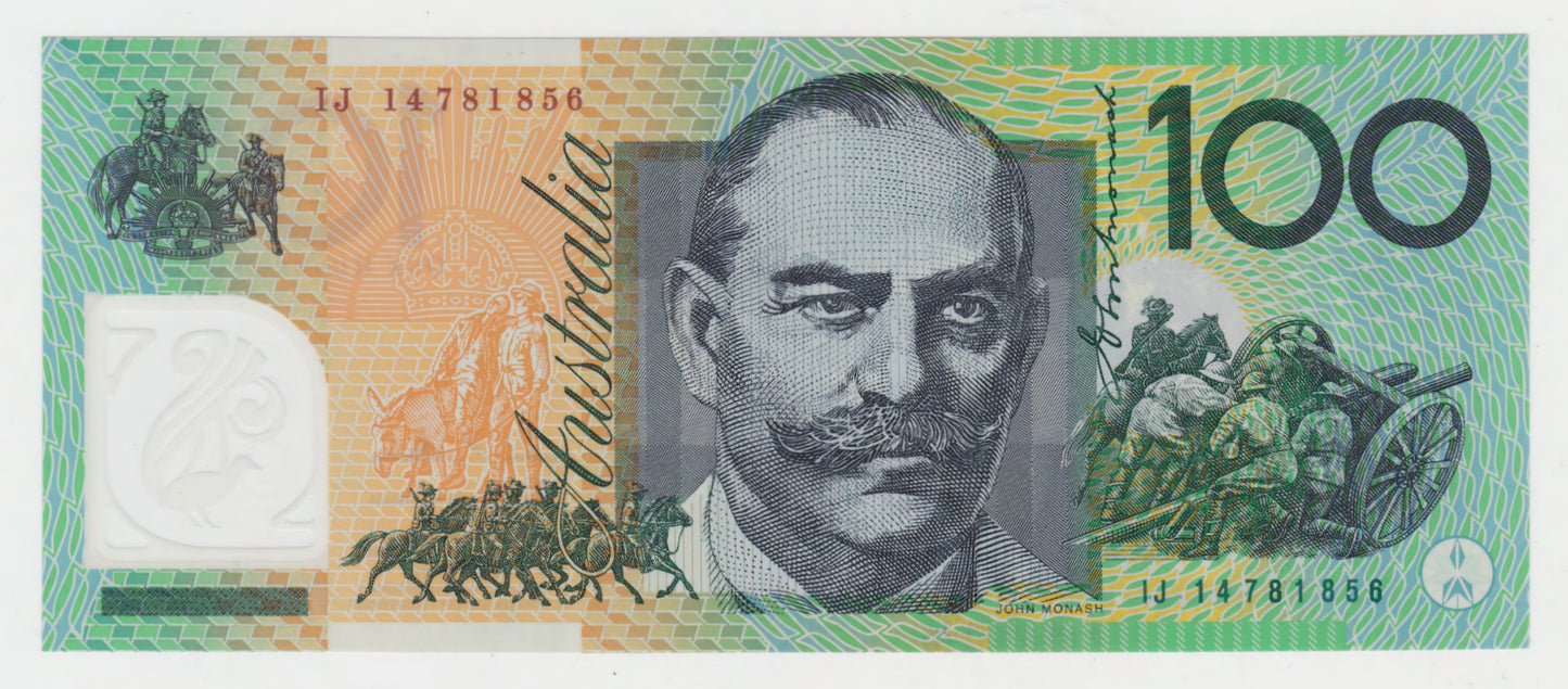 Australian 2014 100 Dollar Stevens Parkinson Polymer Banknote s/n IJ 14781856 - Circulated