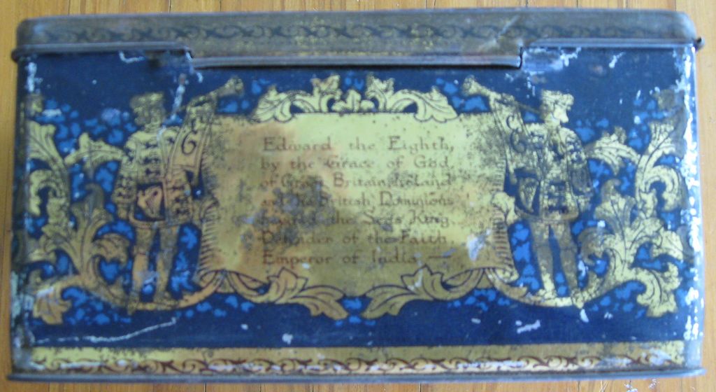 William Arnott biscuit tin King Edward VIII 1936 embossed on base is William Arnott Australia Biscuit Manufacturer Hombush NSW