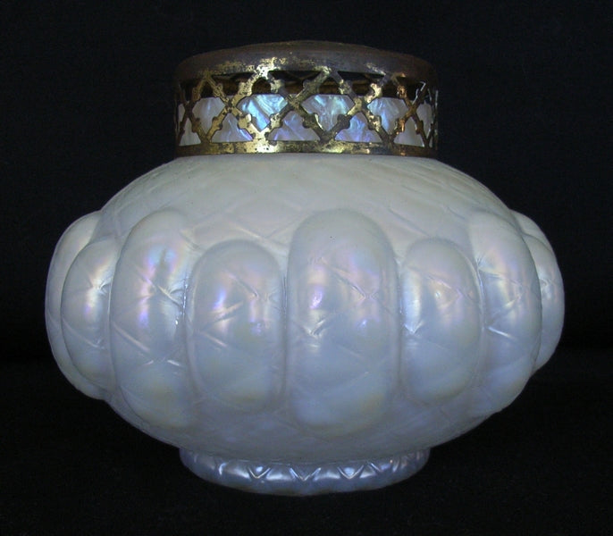 Opalescent glass rose bowl with plated metal stem separator