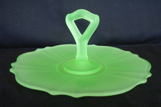 Green frosted citrine / citreon / uranium glass handled cake plate SOLD ANOTHER WANTED