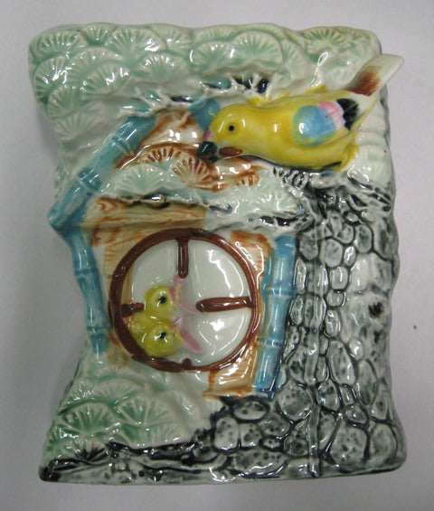 Japanese ? bird with house wall pocket / wall vase