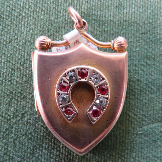 Victorian 9ct Rose Gold Shield Shaped Photo Locket Set With White Sapphires And Garnets Hallmarked
