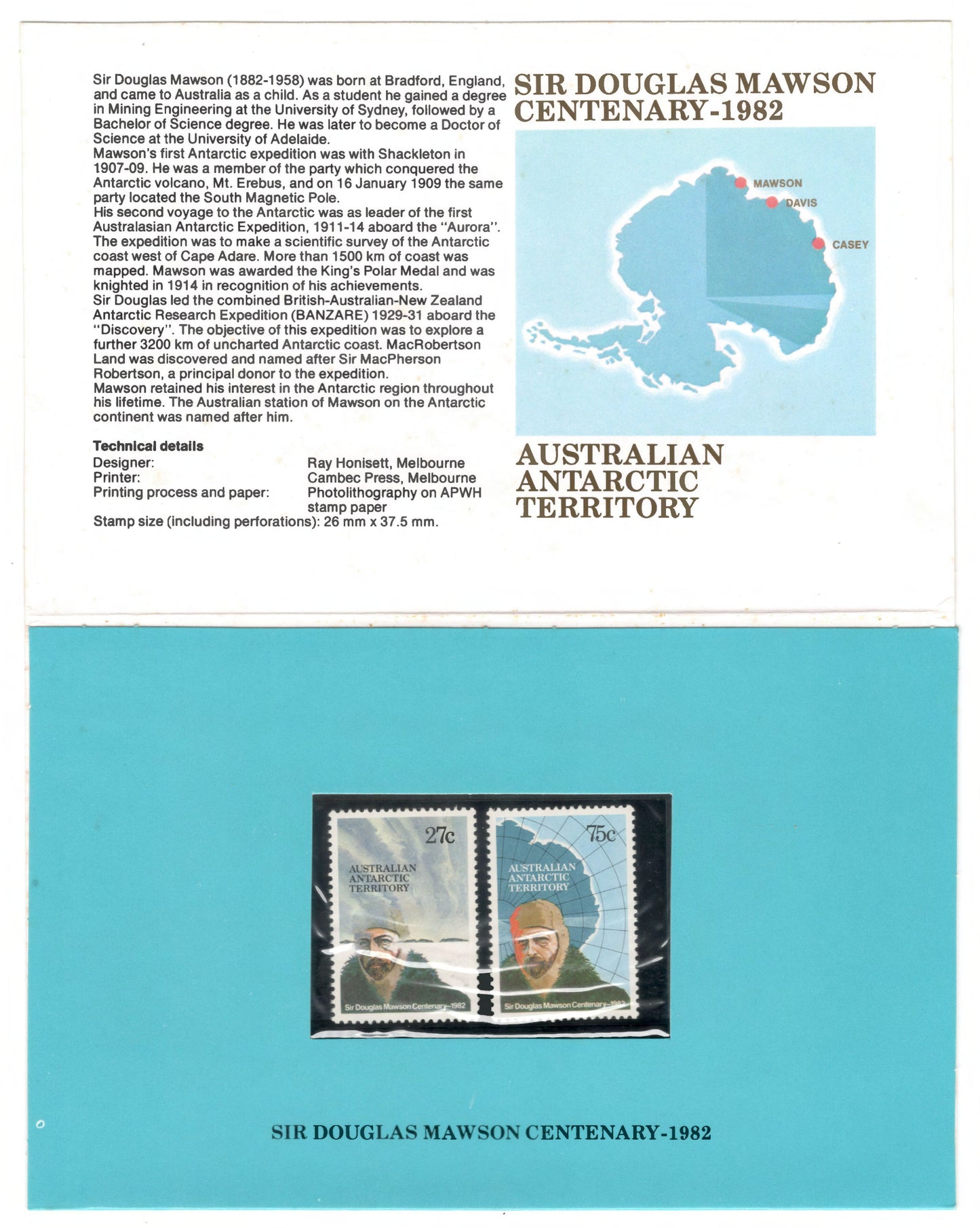 Australian Antarctic Territory 1982 Sir Douglas Mawson Centenary Stamp Pack Australia Post Pack (POP)