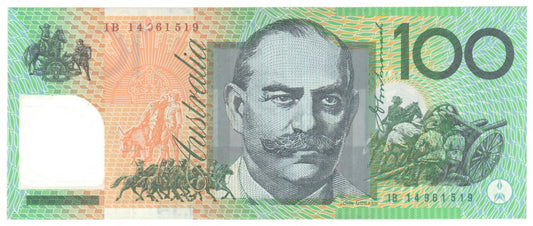 Australian 2014 100 Dollar Stevens Parkinson Polymer Banknote s/n IB 14961519 - Circulated