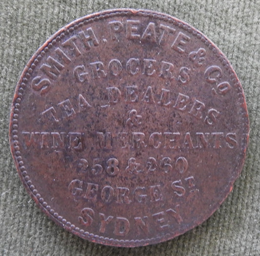 Australian Smith Peate & Co 1836 1d Token Grocers Tea Dealers & Wine Merchants