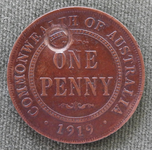 Australian 1919 1d 1 Penny King George V Coin - Disfigured