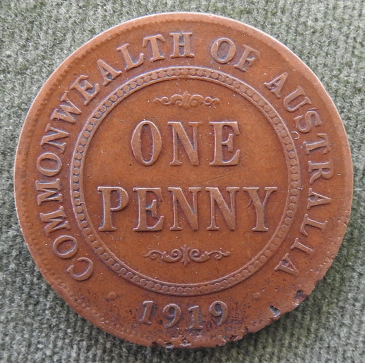 Australian 1919 1d 1 Penny King George V Coin - Error Faulty Planchet