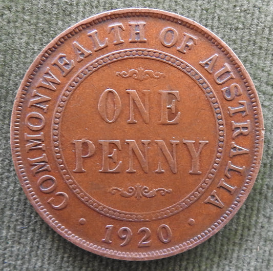 Australian 1920 1d 1 Penny Dot Below Bottom Scroll //. King George V Coin