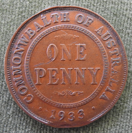 Australian 1933 1d 1 Penny King George V Coin - Clipped with Planchet Fault