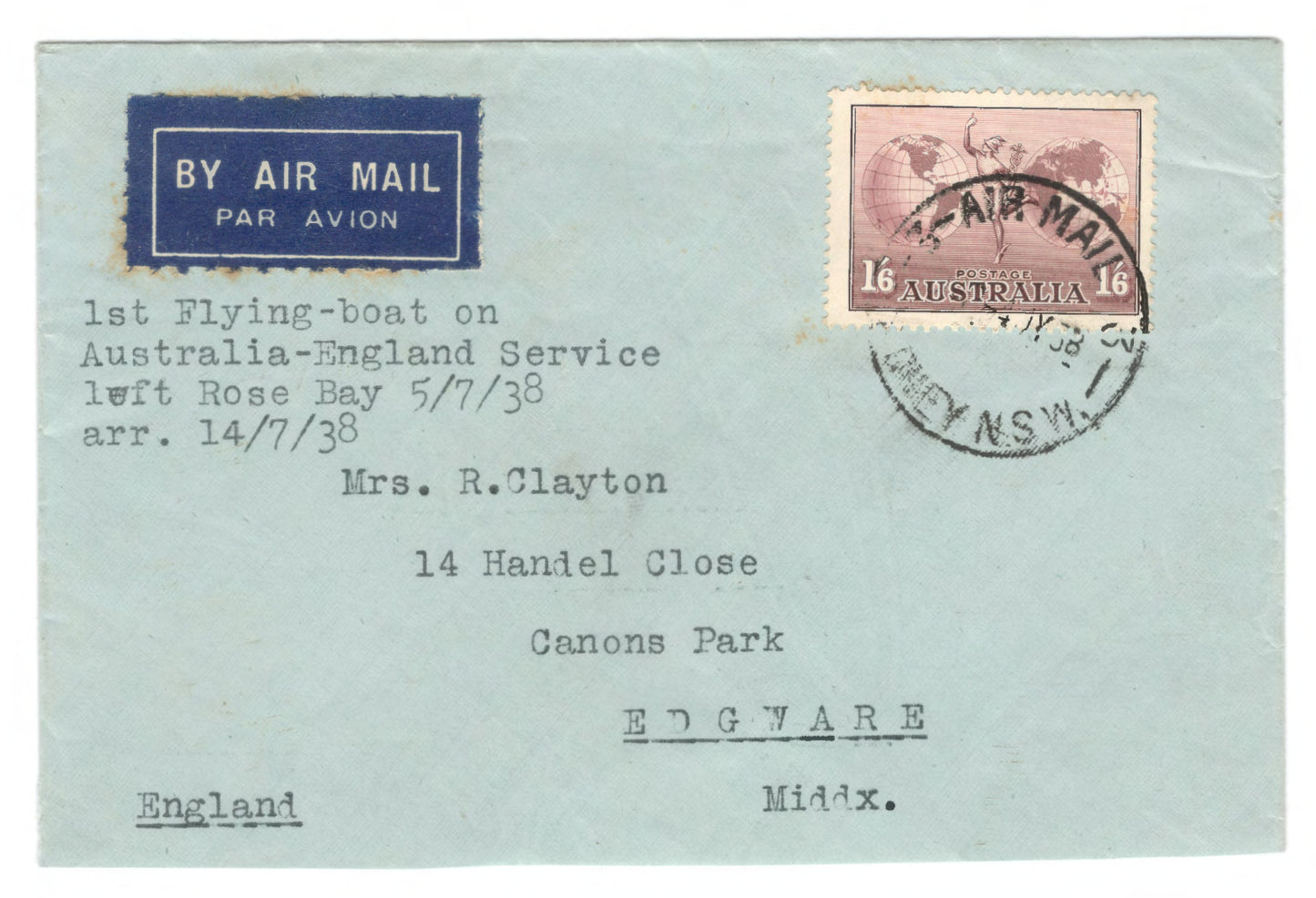 Australia 1938 Airmail Cover - First Flying Boat on Australia to England Services