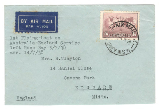 Australia 1938 Airmail Cover - First Flying Boat on Australia to England Services