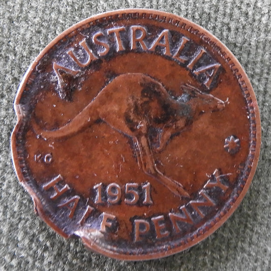 Australian 1951 Half Penny King George VI Coin - Disfigured