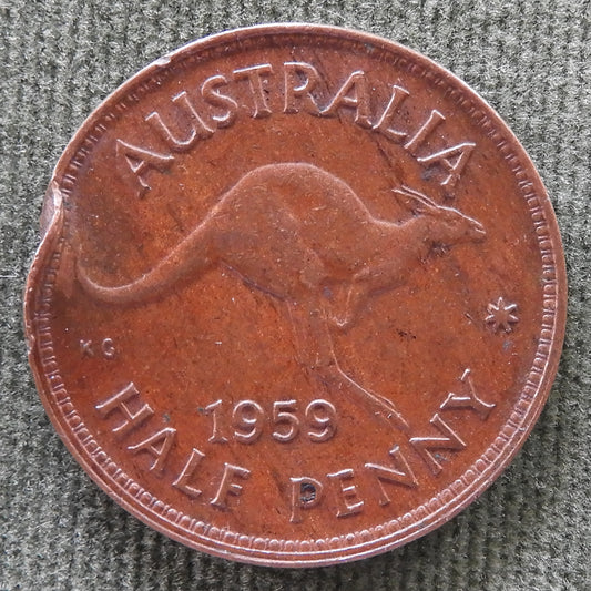 Australian 1959 Half Penny Queen Elizabeth II Coin - Disfigured