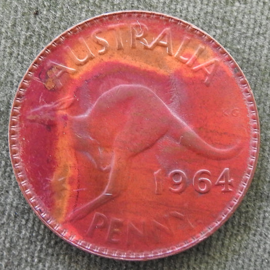 Australian 1964 Y. 1d 1 Penny Queen Elizabeth II Coin - Rainbow Mint Sheen