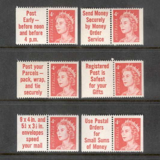 Australian 1966 4 Cent Red QEII Booklet Pair Set of 6 Stamps