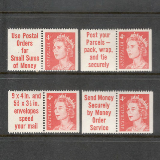 Australian 1966 4 Cent Red QEII Booklet Pair Set of 4 Stamps