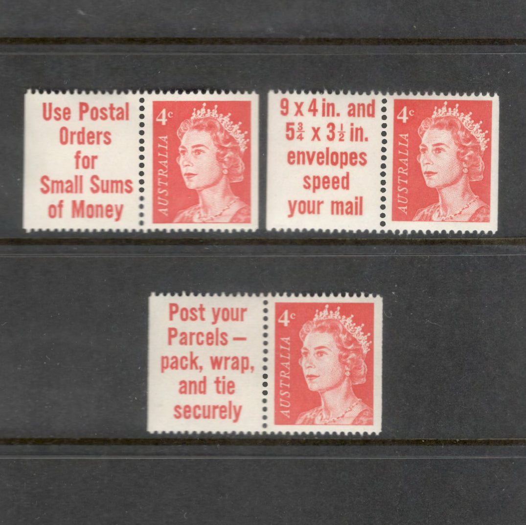 Australian 1966 4 Cent Red QEII Booklet Pair Set of 3 Stamps