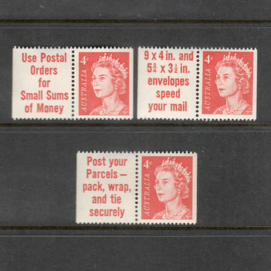 Australian 1966 4 Cent Red QEII Booklet Pair Set of 3 Stamps