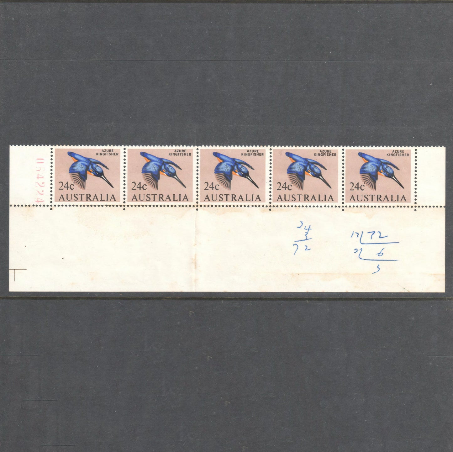 Australian 1966 24c Kingfisher Strip Of Five Stamps MNH