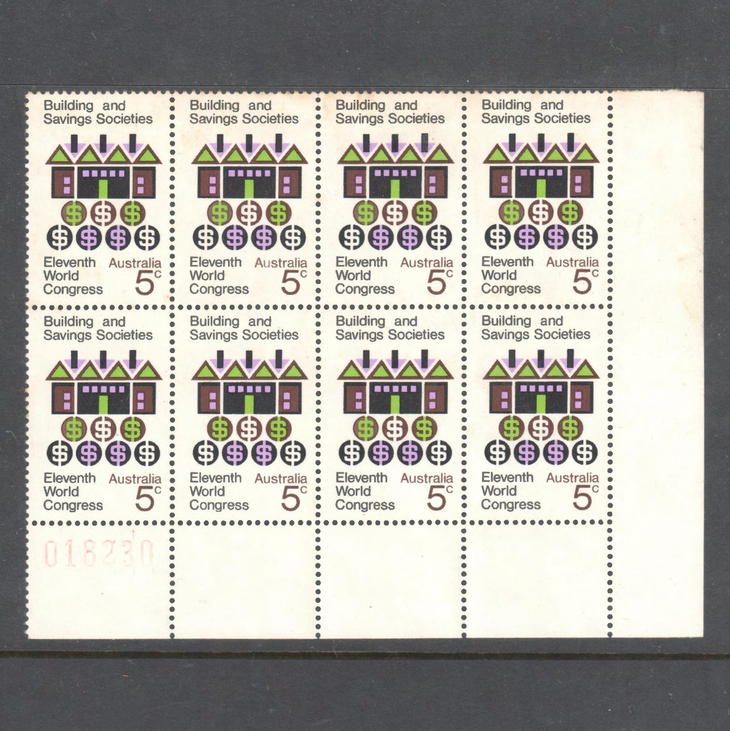 Australian 1968 5c 11th Anniversary of the World Congress of Building and Savings Societies Block Of Eight Stamps