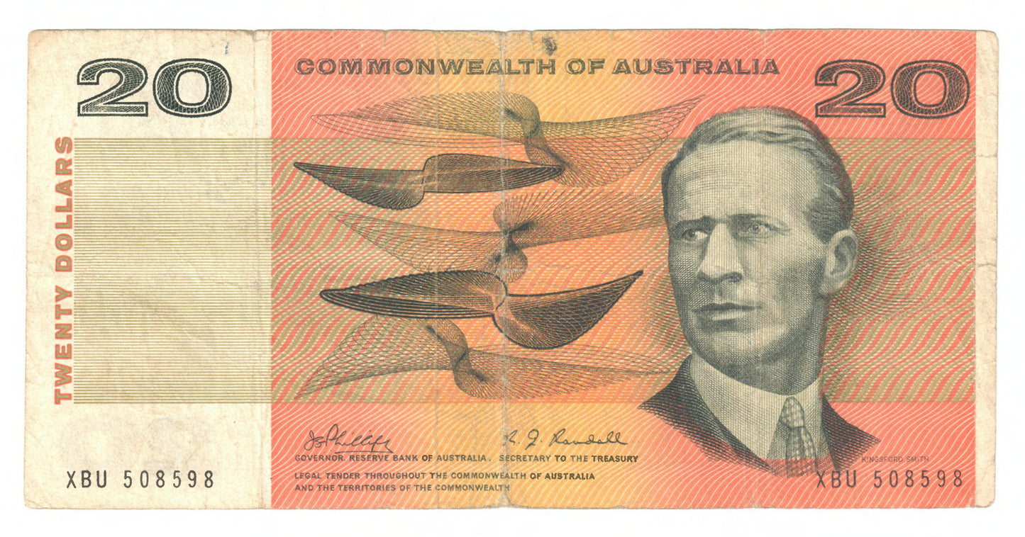 Australian 1968 20 Dollar Phillips Randall COA Banknote s/n XBU 508598 - Circulated