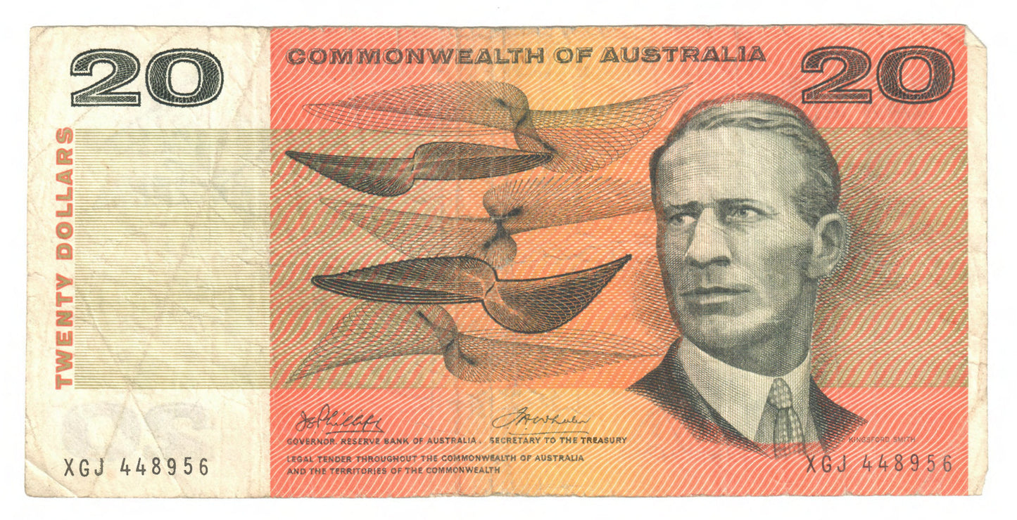 Australian 1972 20 Dollar Phillips Wheeler COA Banknote s/n XGJ 448956 - Circulated