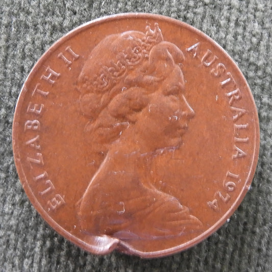 Australian 1974 2 Cent Queen Elizabeth II Coin - Disfigured