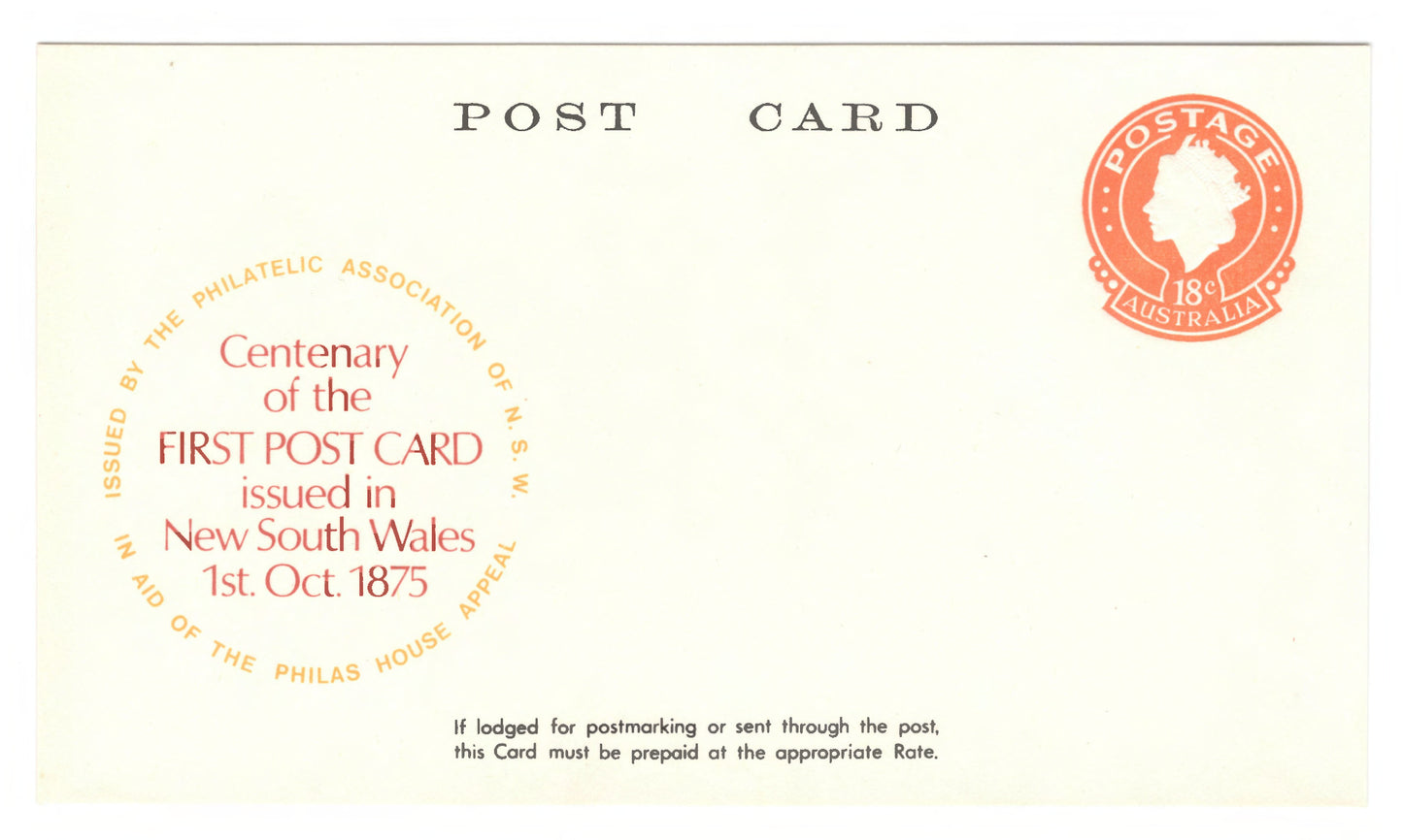 Australian 1975 18 Cent Centenary Of NSW First Postcard (Facsimile)