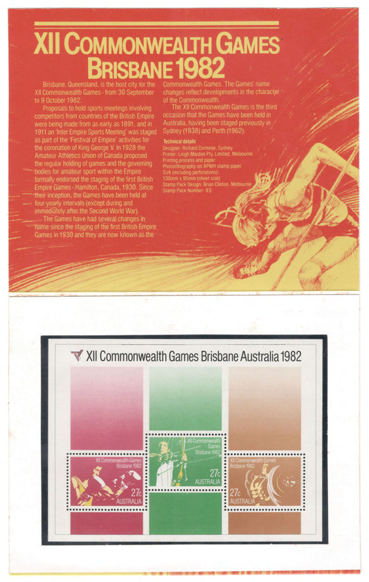 Australia 1982 XII Commonwealth Ganes Mini Stamp Sheet Stamp Pack Australia Post Pack (POP)